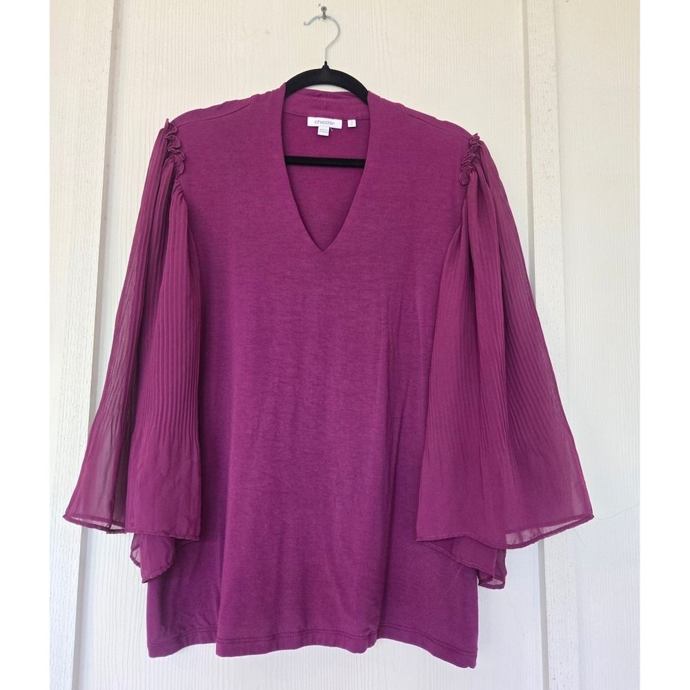 Chicos Purple Pleated Chiffon Bell Sleeve Top Sz 3/XL Feminine Boho Hippie Fairy